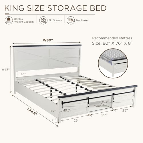 KING FARMHOUSE WOOD BED FRAME SLIDING BARN DOOR STORAGE NO BOX - ANTIQUE WHITE - Like New