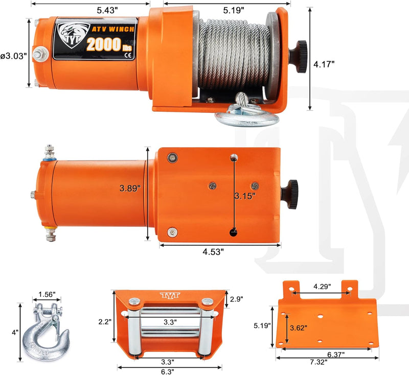 TYT 2000 LB ORANGE ELECTRIC WINCH (2000 LB STEEL CABLE WINCH) - ORANGE - Like New