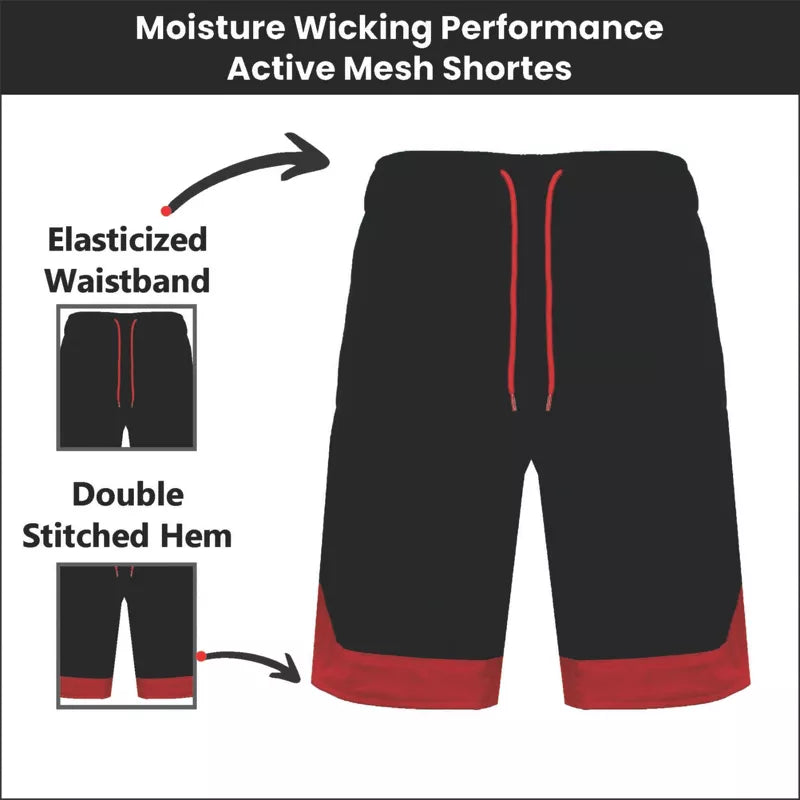 JUMP START MEN'S MESH QUICK DRY ATHLETIC PERFORMANCE SHORTS,SIZE 2XL - BLACK/RED - Brand New