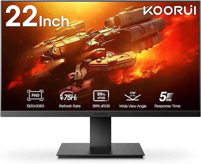 KOORUI 22" 1080P FHD 75Hz PC Monitor HDMI VGA Port 99% sRGB VESA 22N1 - Black - Like New