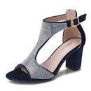 CAMSSOO Women's T-Strap Rhinestones Heeled Sandals, Blue Velvet, Size 42 - Brand New