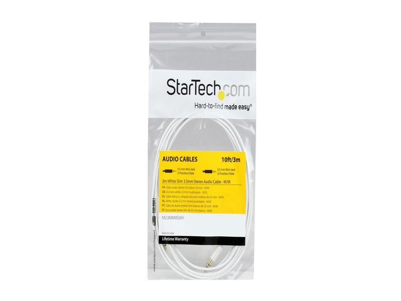 StarTech.com MU3MMMSWH 9.8 ft [3 m] Slim 3.5mm Stereo Audio Cable - Male to Male