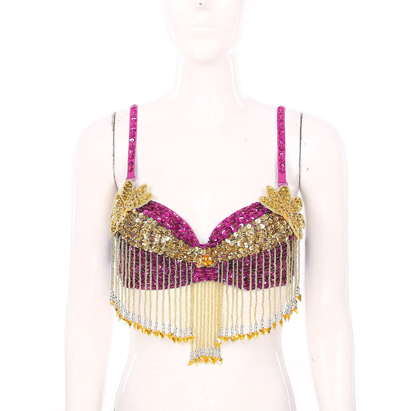 OYOLAN WOMENS SPARKLY SEQUINS BELLY DANCE TOPS BEADED BRA - 36/80 - HOT PINK - Like New