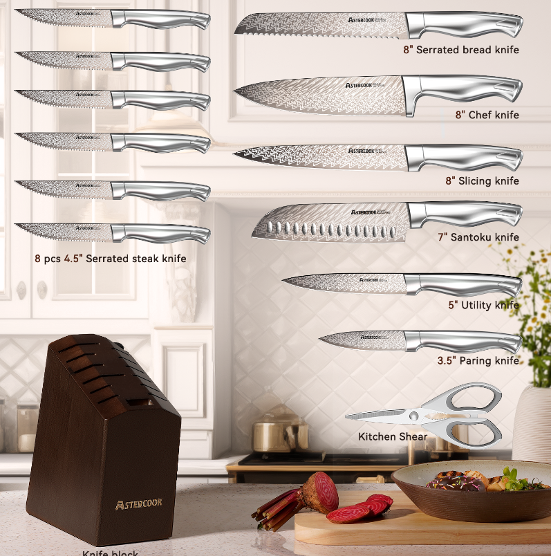 ASTERCOOK 15 PCS KNIFE SET FULL TANG KITCHEN KNIFE SETS BLOCK BUILT-IN SHARPENER - Like New