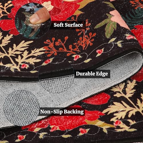 ROTTOGOON ROUND RUG 4FT WASHABLE CIRCLE SOFT FLORAL RUG RUBBER BACKING - BLACK - Like New