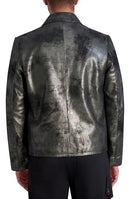 KARL LAGERFELD MENS SHIRT COLLAR SILVER LEATHER JACKET SIZE MEN LARGE BLACK - Brand New