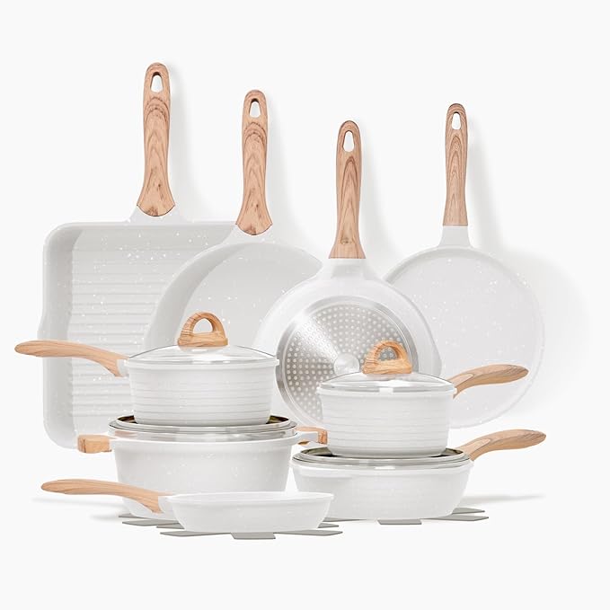 JEETEE 23pcs Pots Pans Set Granite Coating Cookware PFOA Free - White - Like New