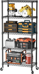 SINGAYE 5 Shelves Storage Wire Shelf Closet Metal Shelving Pantry Wheels - Black - Brand New