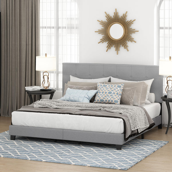 FURINNO LAVAL BUTTON TUFTED UPHOLSTERED PLATFORM BED FRAME - KING, GLACIER - Like New