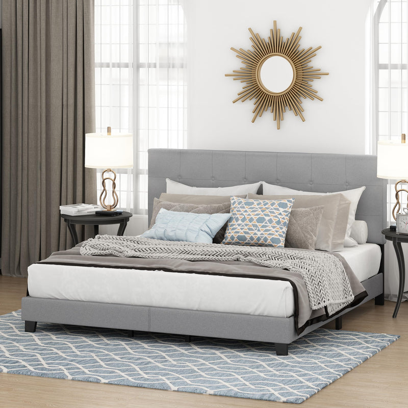 FURINNO LAVAL BUTTON TUFTED UPHOLSTERED PLATFORM BED FRAME - KING, GLACIER - Like New