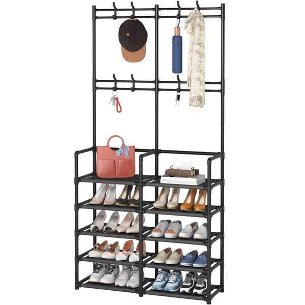 LAIENSIA 5-Tier Entryway Coat Rack, Coat and Shoe Rack, 8 Hooks - BLACK Like New