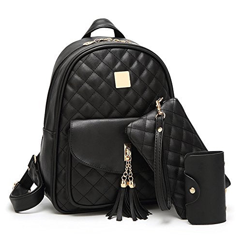 IHAYNER WOMEN SIMPLE DESIGN QUILTED MINI BACKPACK 3PCS LEATHER BACKPACK - BLACK - Like New