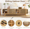 CHILIHOM MODERN TV STAND WITH SLATTED SLIDING DOORS AND OPEN SHELVES, WOOD GRAIN - Like New