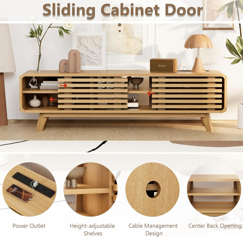 CHILIHOM MODERN TV STAND WITH SLATTED SLIDING DOORS AND OPEN SHELVES, WOOD GRAIN - Like New