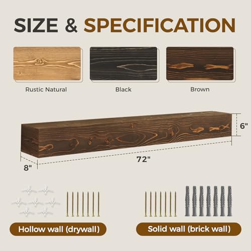 YLYHSST FIREPLACE MANTEL HANDMADE 6'' THICK WALL, 72" RUSTIC WOOD SHELF - HOLLOW - Like New
