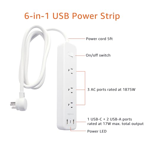 AMAZON BASICS RECTANGLE POWER STRIP 3 OUTLET 3 USB PORTS 5 FT CORD - WHITE - Like New