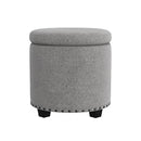 HOMEPOP HOME DECOR UPHOLSTERED ROUND STORAGE OTTOMAN NAILHEADS GRAY WOVEN - Like New
