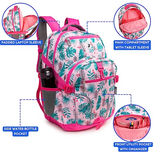 J WORLD MULTI-COMPARTMENT LAPTOP BACKPACK, PALM LEAVES, 18.5 X 13 X 7.5 - Brand New