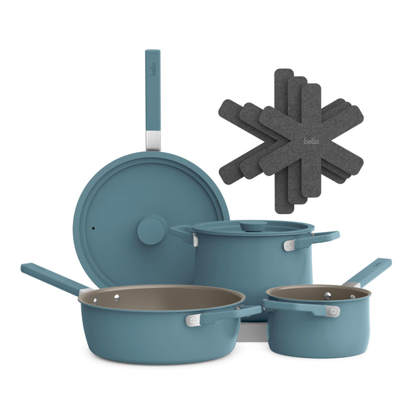 BELLA 9 PIECE CERAMIC NONSTICK COOKWARE SET EVERGOOD COATING - SURF - Like New