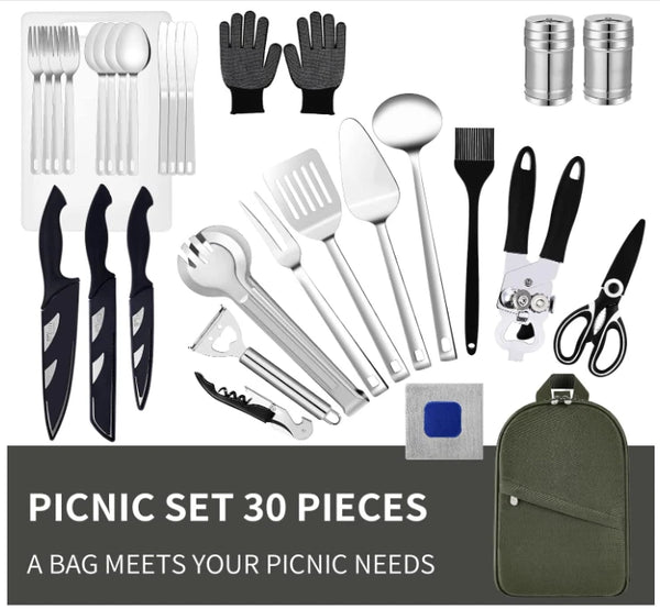 CAMPING EQUIPMENT COOKING UTENSILS SET PORTABLE PICNIC COOKWARE - GREEN - Like New
