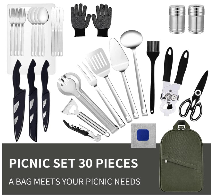 CAMPING EQUIPMENT COOKING UTENSILS SET PORTABLE PICNIC COOKWARE - GREEN - Like New
