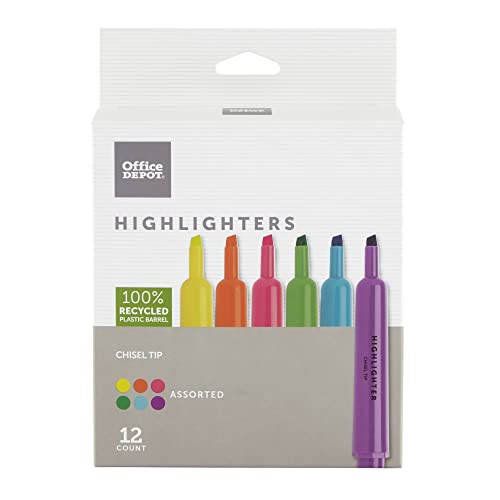 OFFICE DEPOT CHISEL-TIP HIGHLIGHTER ASSORTED FLUORESCENTS 12PK 128-853 - Brand New