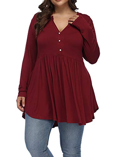 ALLEGRACE Women's Plus Size Henley V Neck Button Tunic Tops Long sleeve - Brand New