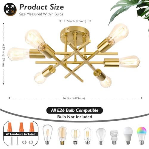 TOBUSA 6-Light Gold Semi Flush Mount Light Fixture, Modern Industrial Brushed - Like New