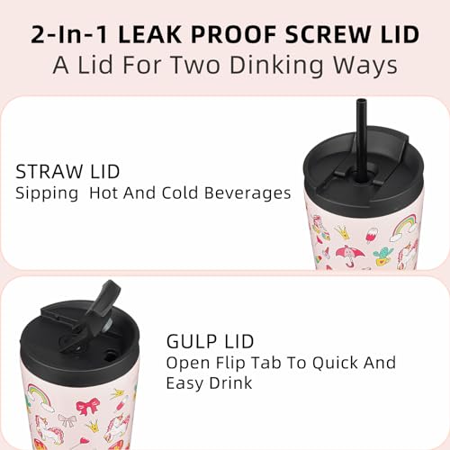 BJPKPK 18OZ INSULATED TUMBLER WITH LID AND STRAW STAINLESS STEEL - PINK UNICORNS - Like New