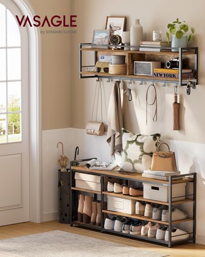 VASAGLE Hall Tree with Shoe Bench, Coat Rack Shoe Bench Set, Entryway Brown - Like New