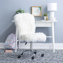 LINON CORA FAUX FLOKATI ARMLESS OFFICE CHAIR, WHITE - WHITE FAUX FUR - Like New