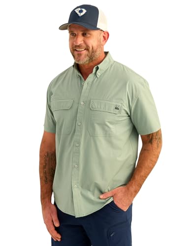 H1500214 HUK MENS NEXT LEVEL SOLID SLEEVE FISHING BUTTON M FOG GREEN - Brand New