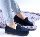 TEMI WOMENS SUEDE-MOCCASIN HOUSE-SLIPPERS COZY WOMENS  SIZE: WOMEN 9- NAVY/CREAM - Like New