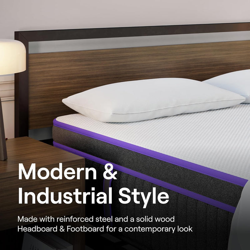 GENERIC METAL PLATFORM QUEEN BED FRAME W/WOODEN HEADBOARD - 14” HEIGHT - WALNUT - Like New