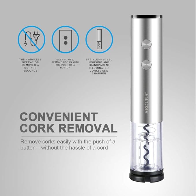 SECURA ELECTRIC WINE BOTTLE OPENER, FOIL CUTTER CORDLESS, SW0-4A - SILVER - Like New