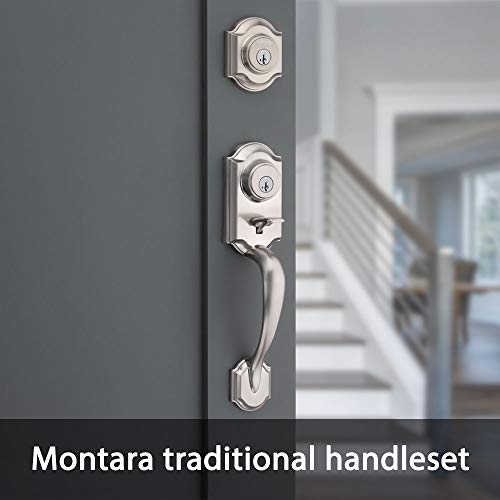 KWIKSET MONTARA FRONT DOOR LOCK HANDLE DEADBOLT SET WITH KNOB - SATIN NICKEL - Like New