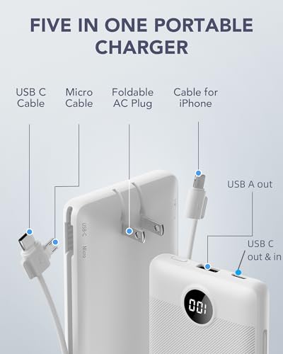VRURC PORTABLE CHARGER BUILT-IN CABLES AND AC WALL PLUG, USB C 10000MAH - WHITE - Brand New