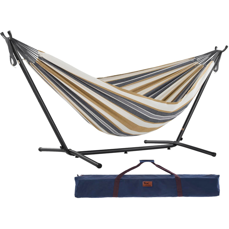 VIVERE DOUBLE COTTON HAMMOCK, Space Saving Steel Stand, UHSDO9-25 - Desert Moon - Like New