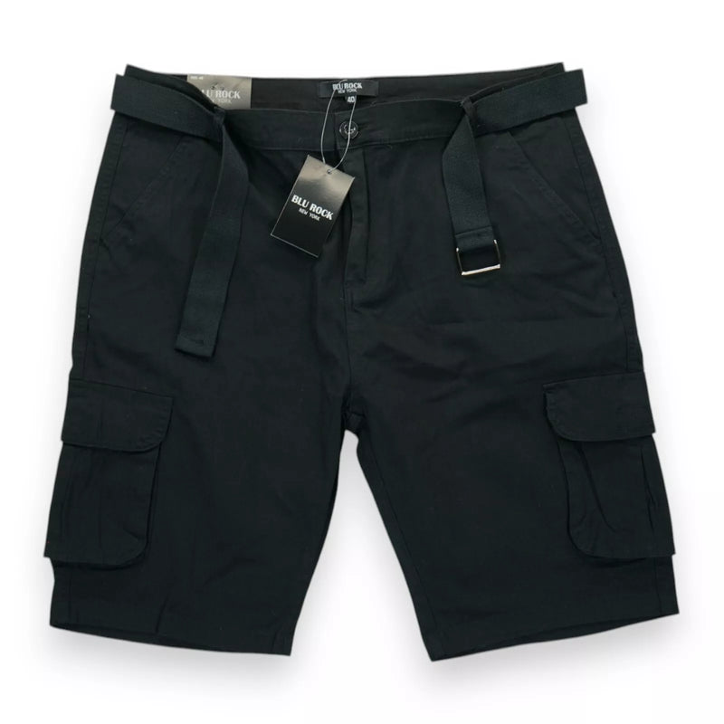 BLU ROCK NEW YORK MENS FLEX STRETCH BELTED CARGO SHORTS - SIZE: MEN 40 - BLACK - Brand New