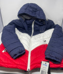 SPIRE MEN'S QUILTED SHELL HOODED PUFFER JACKET - SIZE: MEN L - NAVY/WHITE/RED - Brand New
