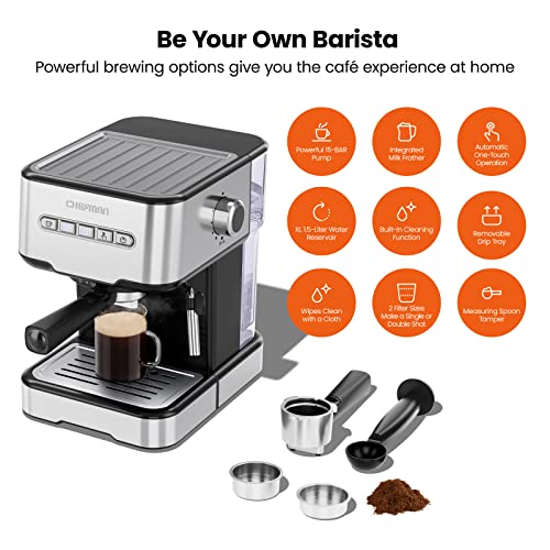 CHEFMAN 6-IN-1 ESPRESSO MACHINE WITH STEAMER ONE-TOUCH RJ54-SS-15 - STAINLESS - Like New