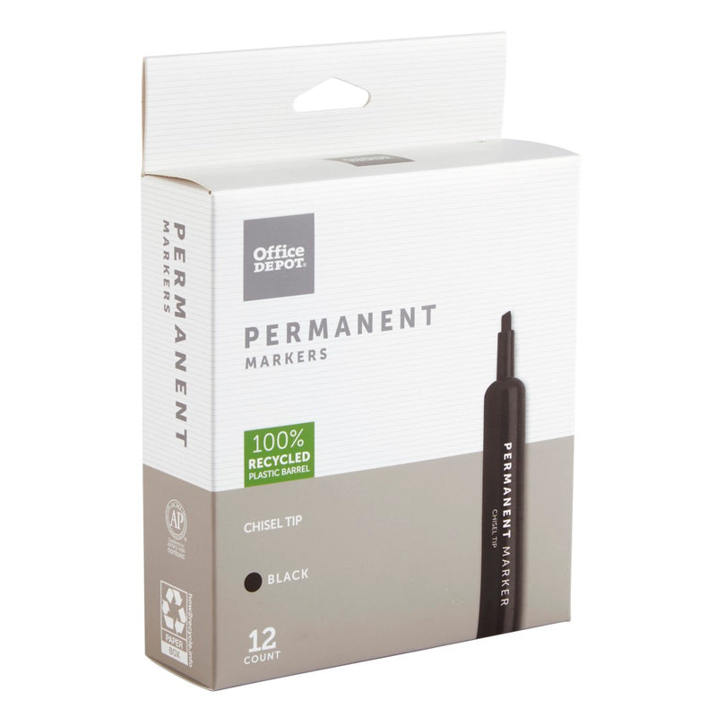 OFFICE DEPOT PERMANENT MARKERS, CHISEL POINT, BLACK INK, PACK OF 12 - Brand New