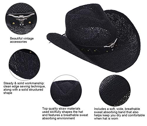 Livingston Men & Women's Woven Straw Cowboy Hat w/Hat Band - Black - Brand New