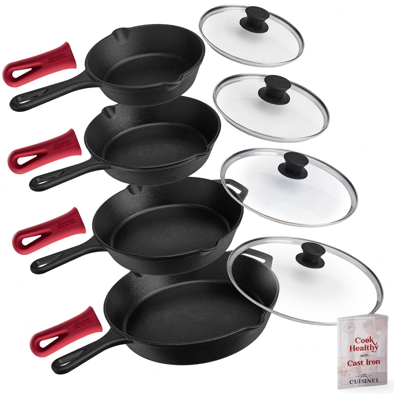 Cuisinel Cast Iron Skillets Set - 6"+8"+10+12"-Inch + Glass Lids + Silicone - Like New