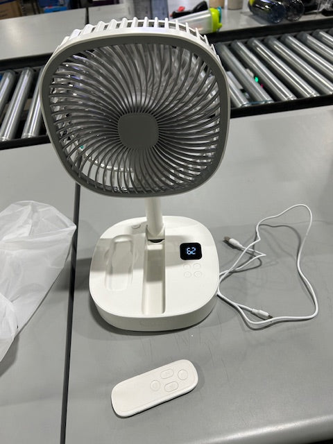 GENERIC SQUARE TELESCOPING FOLDING FAN - WHITE AND GRAY - Like New