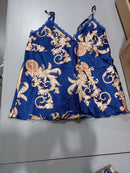 ARWSER WOMEN'S SILK SATIN PAJAMAS 4 PCS FLORAL SILKY SETS SLEEPWEAR - BLUE/GOLD - Like New