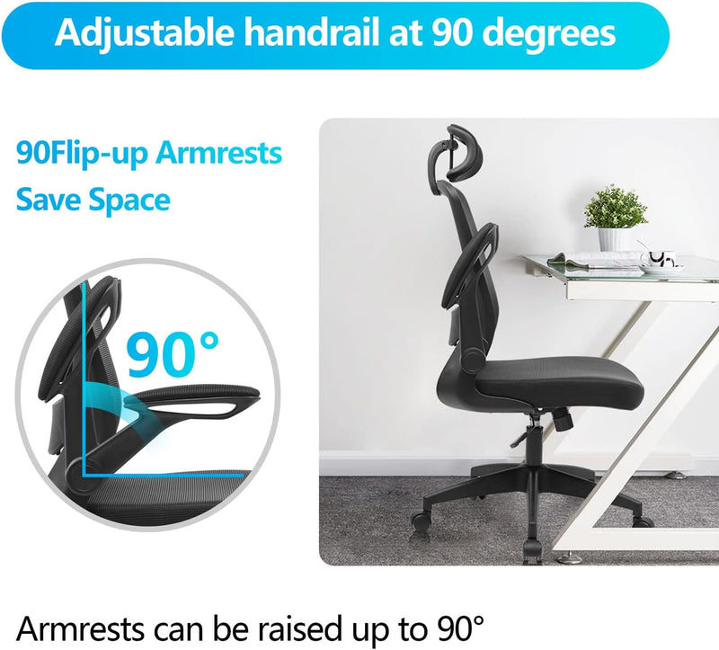 KERDOM Ergonomic Office Chair with Headrest and Flip-up Arms - Black - Like New