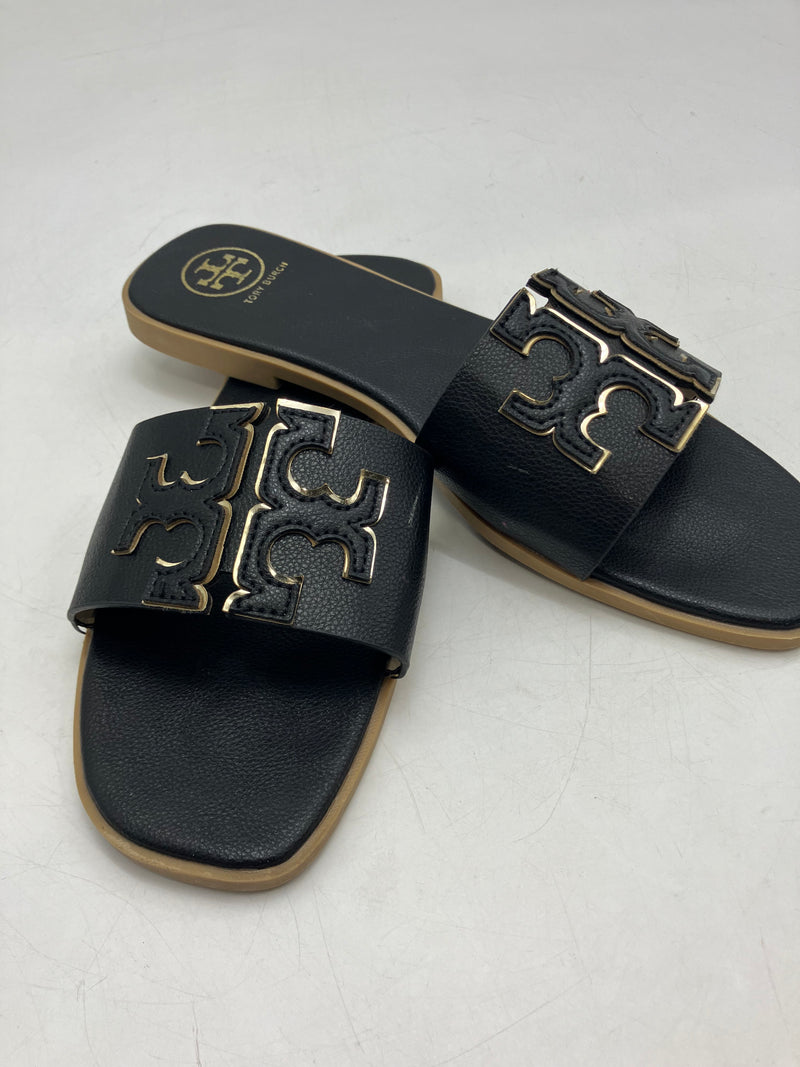 TORY BURCH WOMEN'S INES SLIDE LEATHER CUSHIONED SANDALS SIZE 9.5 BLACK/GOLD - Like New