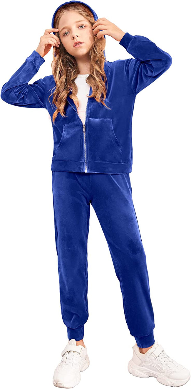 ARSHINER 2 PIECE OUTFITS GIRLS VELOUR TRACKSUIT HOODIE JOGGER SET - ROYAL BLUE - Brand New