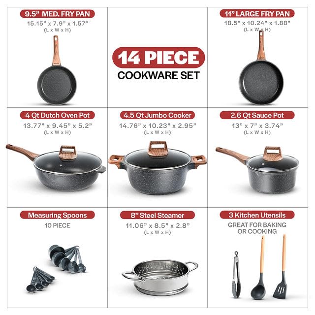 Bakken-Swiss 14-Piece Kitchen Cookware Set Granite Non-Stick Eco-Friendly - Like New
